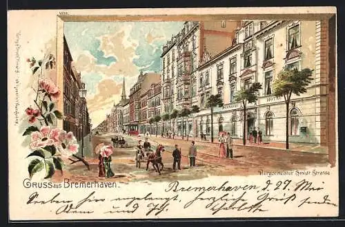 Lithographie Bremerhaven, Bürgermeister Smidt Strasse mit Bermanns Hotel