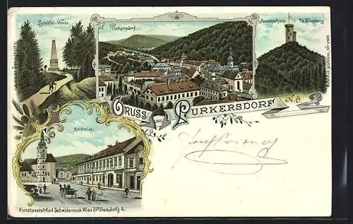 Lithographie Purkersdorf, Marktplatz, Schöffel-Warte, Aussichtsturm auf dem Tropberg