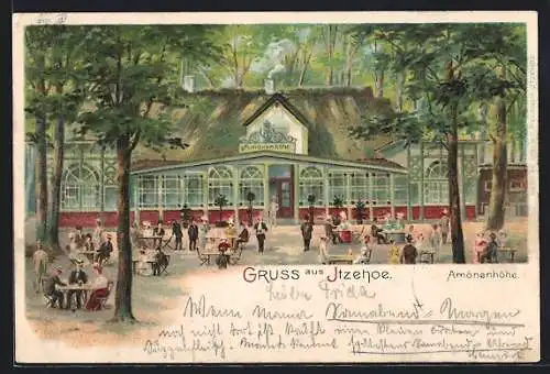 Lithographie Itzehoe, Gaststätte Amönenhöhe, Garten und Gebäude