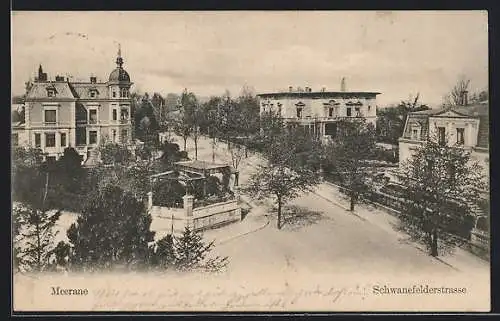 AK Meerane /Sa., Schwanefelderstrasse mit Turmvilla und Parkanlage aus der Vogelschau