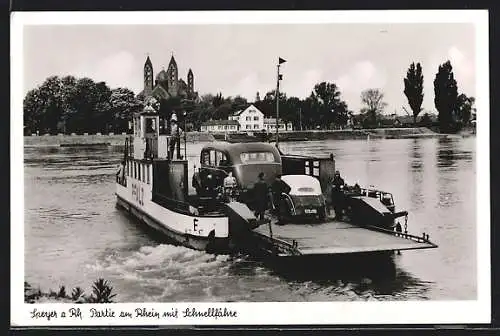 AK Speyer, Partie am Rhein mit Schnellfähre