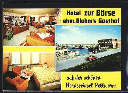 AK Pellworm, Das Hotel zur Börse mit Innenansichten, Hafenpartie