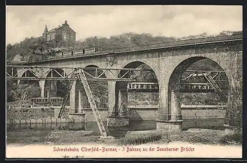 AK Elberfeld-Barmen, Schwebebahn, 3 Bahnen an der Sonnborner Brücke