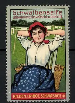 Reklamemarke Schwalbenseife schwimmt, sie wäscht und bleicht, Ph. Benj. Ribot, Schwabach, Waschfrau ruht sich aus