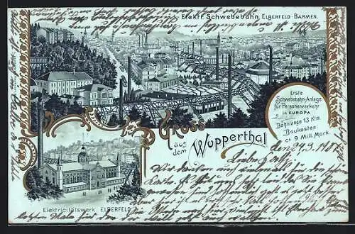 Lithographie Elberfeld-Barmen, Totalansicht mit Schwebebahn, Elektrizitätswerk