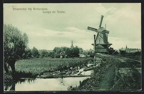 AK Overschie /Rotterdam, Langs de Schie, Molen