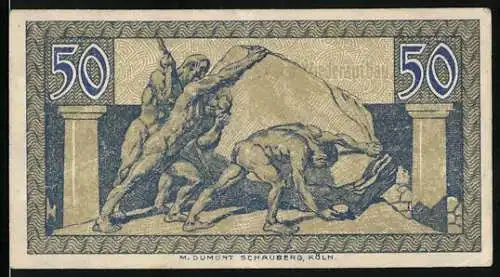 Notgeld Bonn 1920, 50 Pfennig, Männer bewegen grossen Felsen