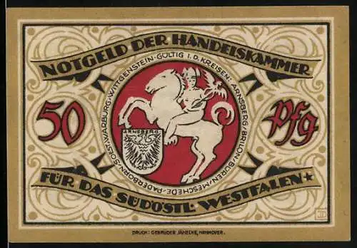 Notgeld Arnsberg 1920, 50 Pfennig, Wappen, Notgeld für das südöstliche Westfalen