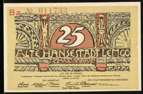 Notgeld Lemgo 1921, 25 Pfennig, Gebäudesilhouette