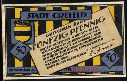 Notgeld Crefeld 1923, 50 Pfennig, Wappen, Fischermann mit Pfeife