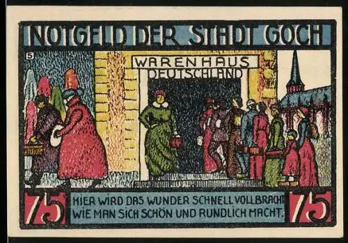 Notgeld Goch 1922, 75 Pfennig, Warenhaus Deutschland, Haus Zu den Fünf Ringen, Wappen