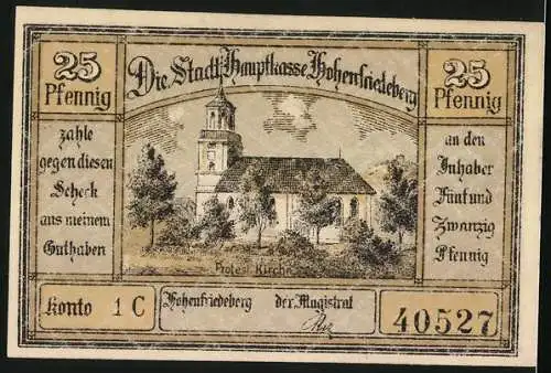 Notgeld Hohenfriedeberg, 25 Pfennig, Protest. Kirche, Stadtpanorama