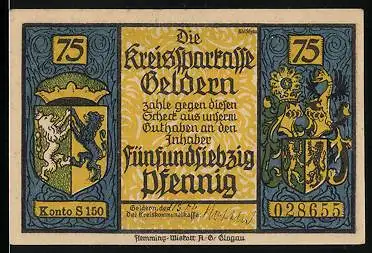 Notgeld Geldern 1922, 75 Pfennig, Wappen, Ritter vor der Burg