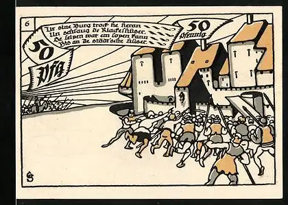 Notgeld Herne in Westf. 1921, 50 Pfennig, Kämpfe an der Burg, Krieger mit Schild
