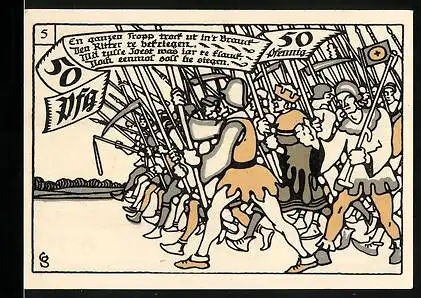 Notgeld Herne in Westf. 1921, 50 Pfennig, Bewaffnete Kämpfer im Anmarsch, Krieger mit Schild