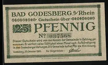 Notgeld Bad Godesberg am Rhein 1920, 25 Pfennig, Blick zur Burg