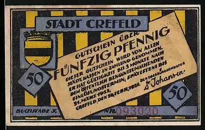 Notgeld Crefeld, 50 Pfennig, Wappen, alter Mann Pfeife rauchend
