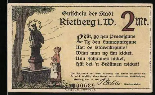 Notgeld Rietberg i. W. 1921, 2 Mark, Frau an einer hl. Statue, St. Johannes-Kapelle
