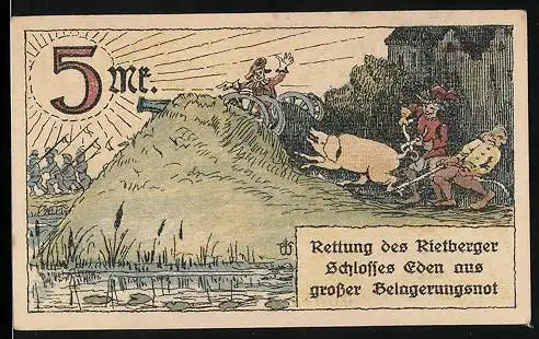 Notgeld Rietberg i. W. 1921, 5 Mark, Rettung des Schlosses Eden aus grosser Belagerungsnot