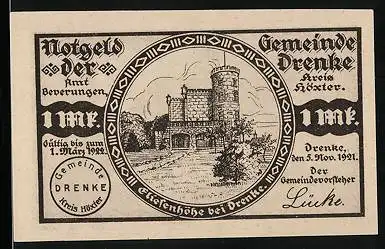 Notgeld Drenke 1921, 1 Mark, Elisenhöhe und Strohweib vor Jochens Haus