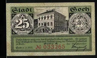 Notgeld Goch 1921, 25 Pfennig, Rathaus, Haus Zu den fünf Ringen, Steintor