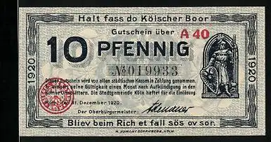 Notgeld Köln 1920, 10 Pfennig, Krieger mit Schild, Rathaus