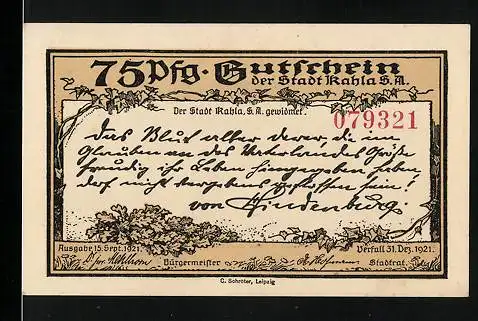 Notgeld Kahla S. A. 1921, 75 Pfennig, Ehrenhof des Leuchtenburg-Ehrenmals