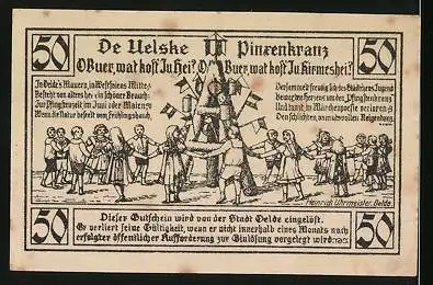 Notgeld Oelde 1920, 50 Pfennig, Wappen mit Kirche und Windmühle, Tanz um den Oelder Pfingstenkranz