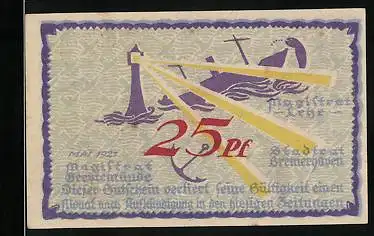 Notgeld Bremerhaven 1921, 25 Pfennig, Leuchtturm und Wappen