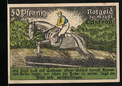 Notgeld Castrop 1921, 50 Pfennig, Springreiter, Wappen