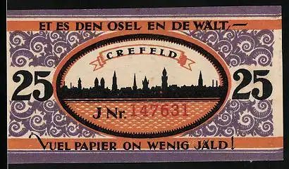 Notgeld Crefeld 1923, 25 Pfennig, Stadtansicht