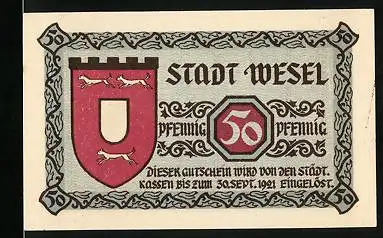 Notgeld Wesel 1921, 50 Pfennig, Wappen und Rathaus