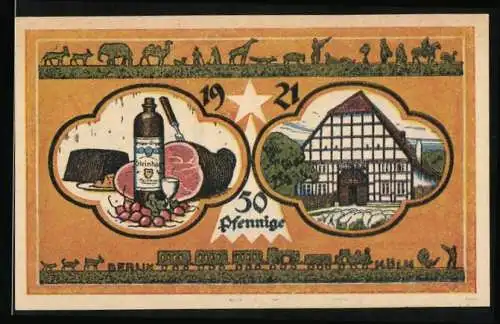 Notgeld Steinheim i. W. 1921, 50 Pfennig, Bauernhaus, Wasserflasche & Schinken, Stadtsparkasse