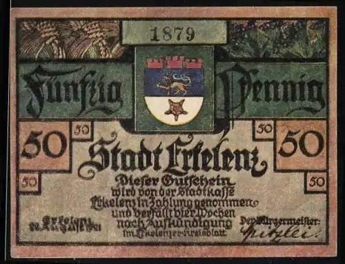 Notgeld Erkelenz 1921, 50 Pfennig, Stadtwappen, Pesthunger u. Feuersbrunst wüten 1686 in der Stadt