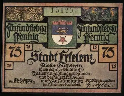 Notgeld Erkelenz 1921, 75 Pfennig, Stadtwappen, Bergmänner vor dem Bergwerk