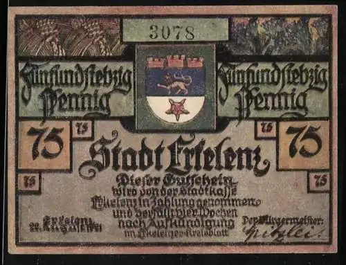 Notgeld Erkelenz 1921, 75 Pfennig, Stadtwappen, aus Geldnot verdorben - durch Geldnot erworben, Häuser