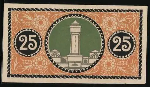Notgeld Düren 1917, 25 Pfennig, Turmansicht, Blumenornamente