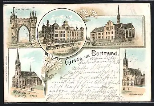 Lithographie Dortmund, Protest. Kirche, Liebfrauen-Kirche, St. Joesephs-Kirche, Fredenbaum