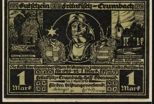 Notgeld Fränkisch-Crumbach 1921, 1 Mark, Ritter, Wappen, Ruine Rodenstein, Kirche