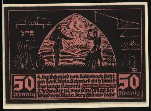 Notgeld Fränkisch-Crumbach 1921, 50 Pfennig, Schmied am Ambos, Ritter, Wappen, Ruine Rodenstein, Kirche