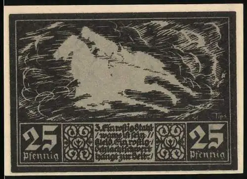 Notgeld Fränkisch-Crumbach 1921, 25 Pfennig, Wolkenformation Reiter, Ritter, Wappen, Ruine Rodenstein, Kirche