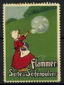 Reklamemarke Flammer- Seife und Seifenpulver, Mädchen spielt mit Seifenblasen