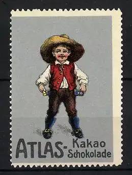 Reklamemarke Atlas Kakao und Schokolade, Bube mit Schokolade