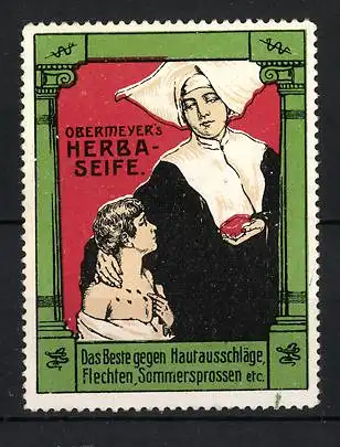 Reklamemarke Obermeyer's Herba-Seife, das Beste gegen Hautausschläge und Flechten, Nonne mit Jungen