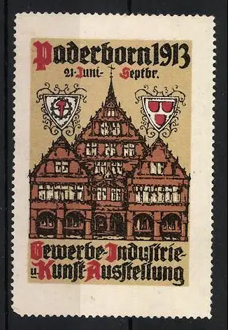 Reklamemarke Paderborn, Gewerbe-, Industrie- und Kunst-Ausstellung 1913, Häuser und Wappen