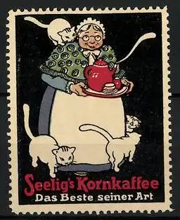 Reklamemarke Seelig's Korn-Kaffee, das Beste seiner Art, Katzenfrau mit Kaffee