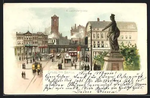 Lithographie Berlin, Strassenbahnen am Alexanderplatz vor Berolina-Denkmal