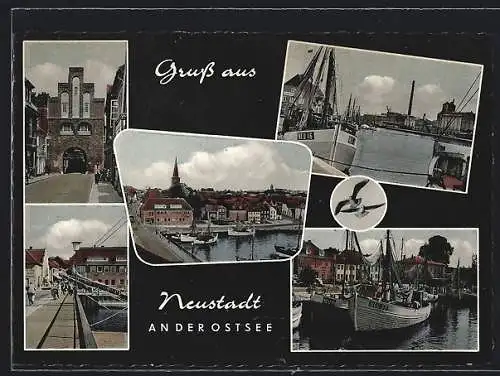 AK Neustadt an der Ostsee, Hafen- und Ortsansichten