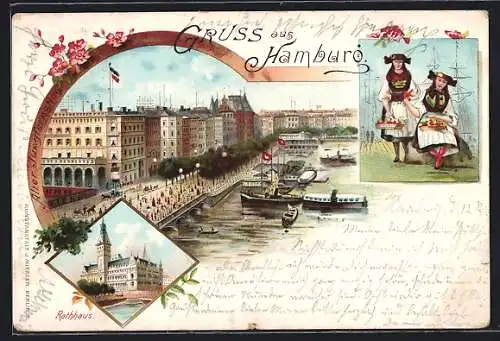 Lithographie Hamburg, Rathaus, Vierländerinnen in Tracht