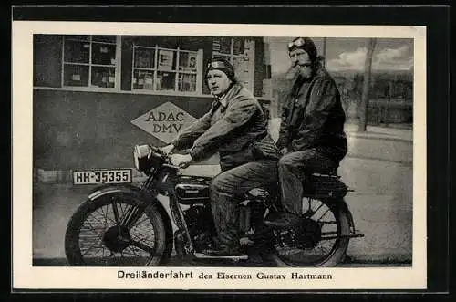AK Dreiländerfahrt des Eisernen Gustav Hartmann auf einem Zündapp-Motorrad